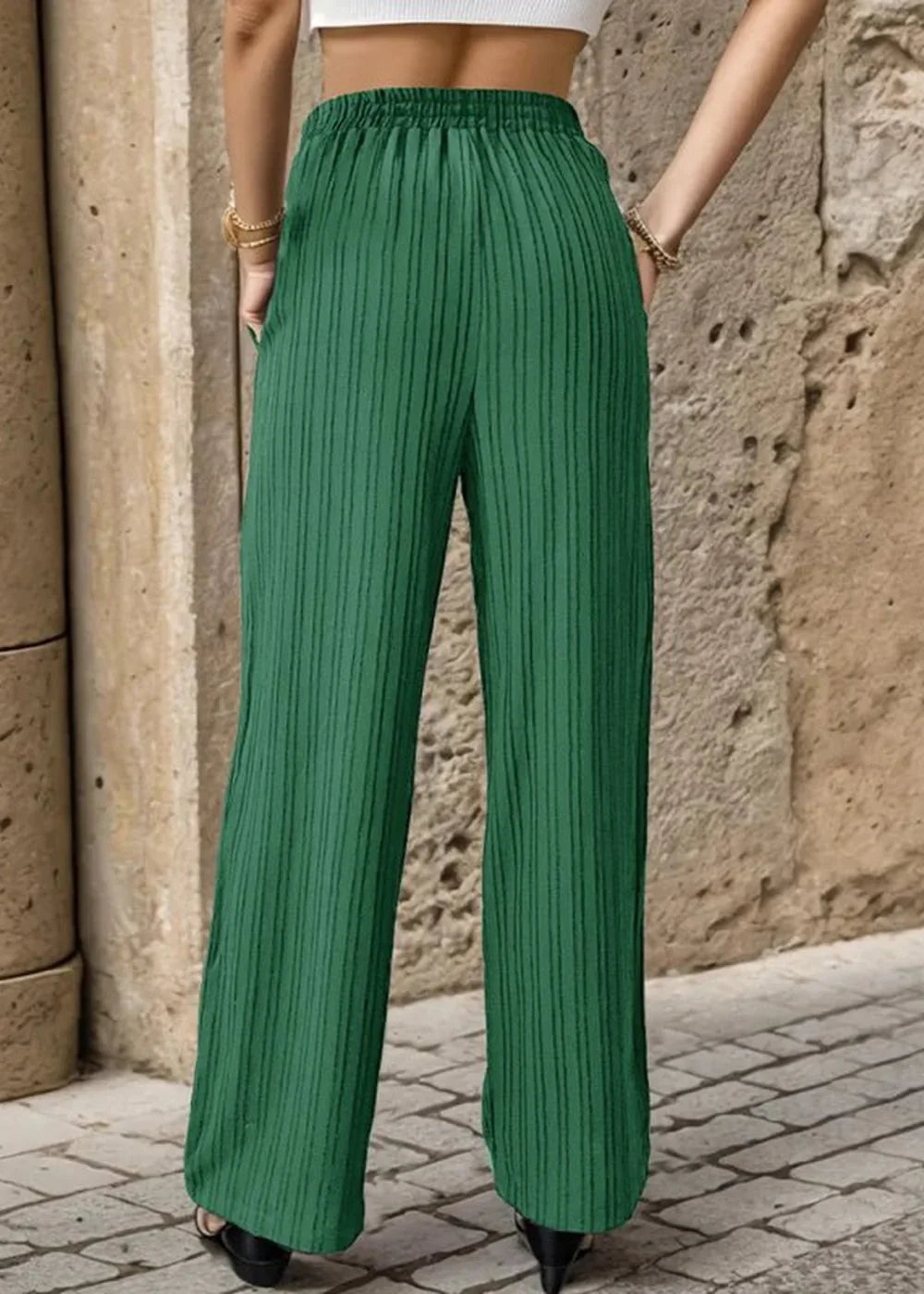 Blue pleated textured elastic straight pants