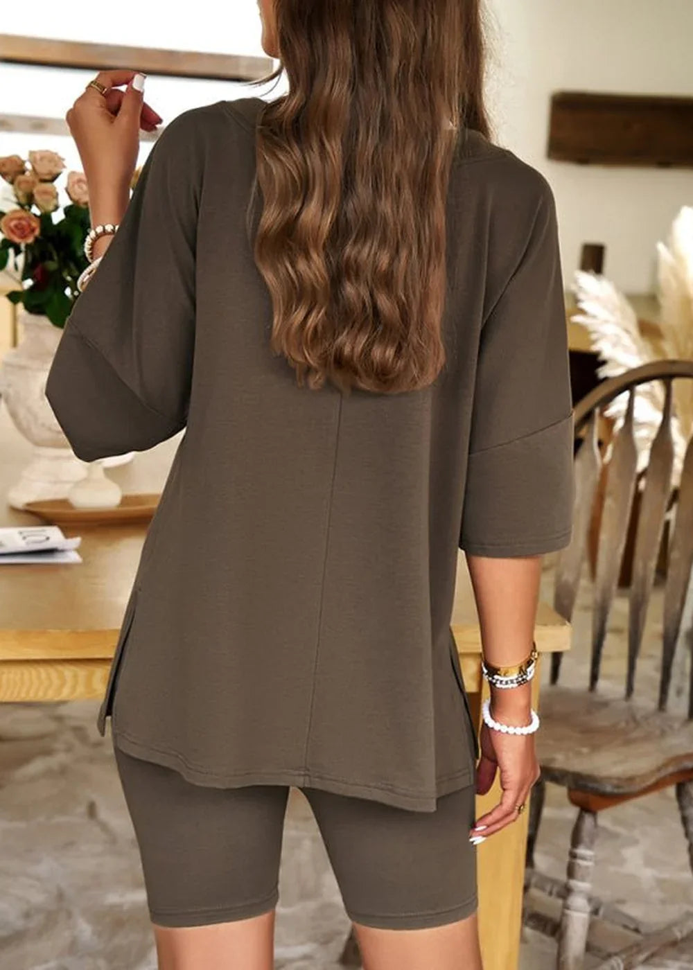 Women's cracker khaki V-neck top and shorts suit