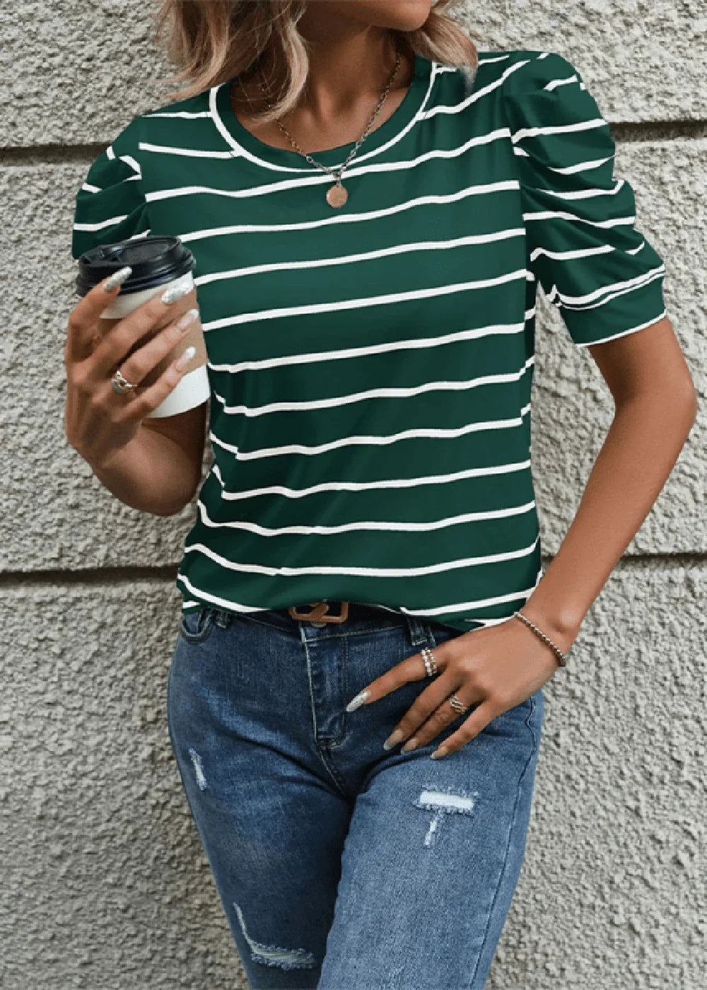 Green striped puff sleeve top
