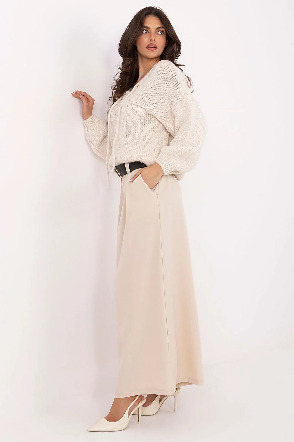Detail of high waist and pleats on beige pants