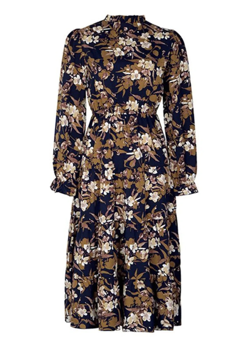 Navy blue dress with a brown and white floral print, long sleeves, and a high neckline.