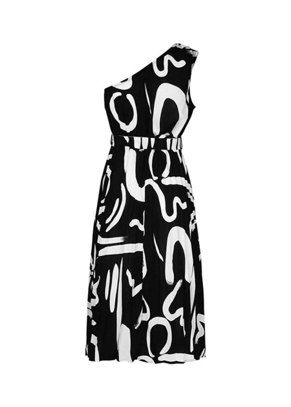Black one-shoulder midi dress with a bold white abstract print and a self-tie belt.