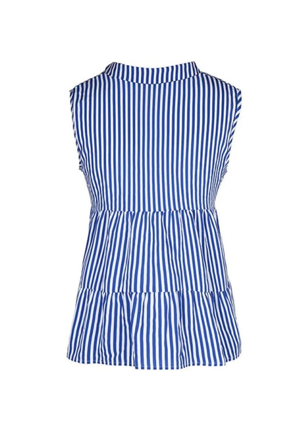 Back view of a sleeveless blue and white striped tiered top with a collared neckline.