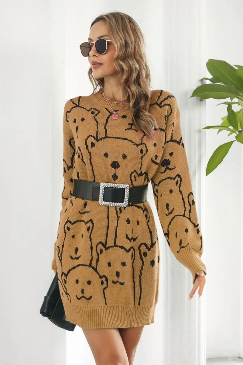 Caramel bear pattern round neck mini sweater dress