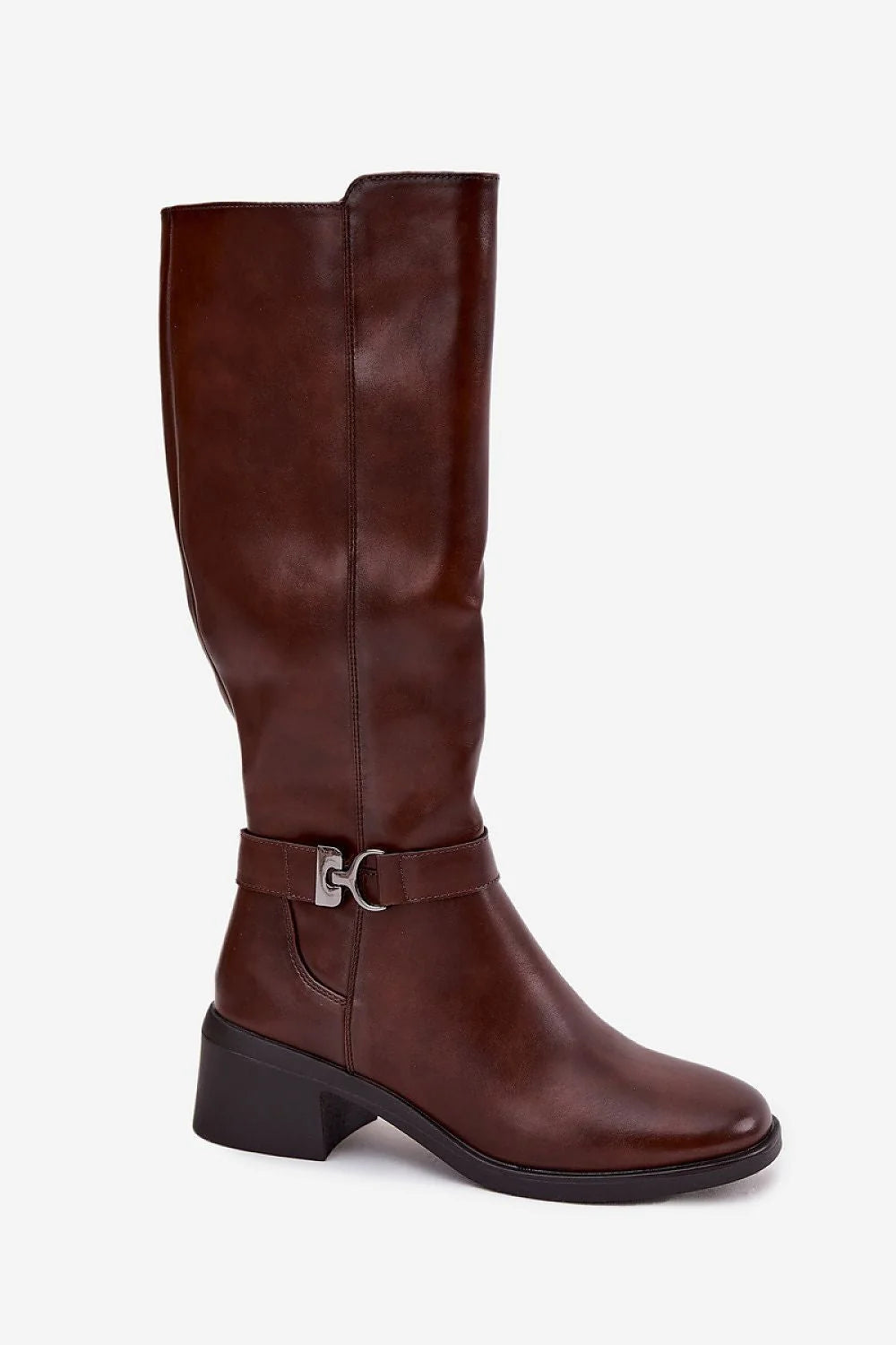 Brown eco-leather knee-high boot with a side buckle detail and block heel.
