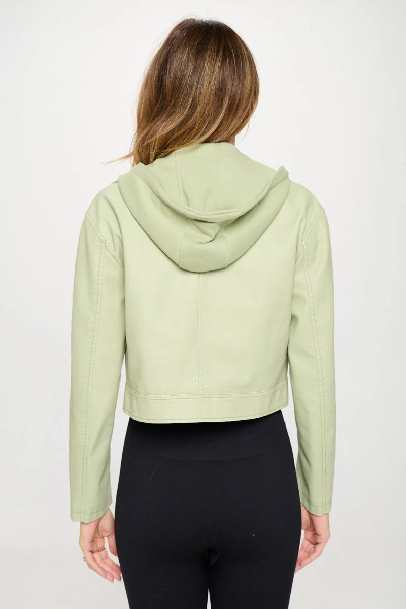 Back view of a light green vegan leather cropped jacket with a hood.