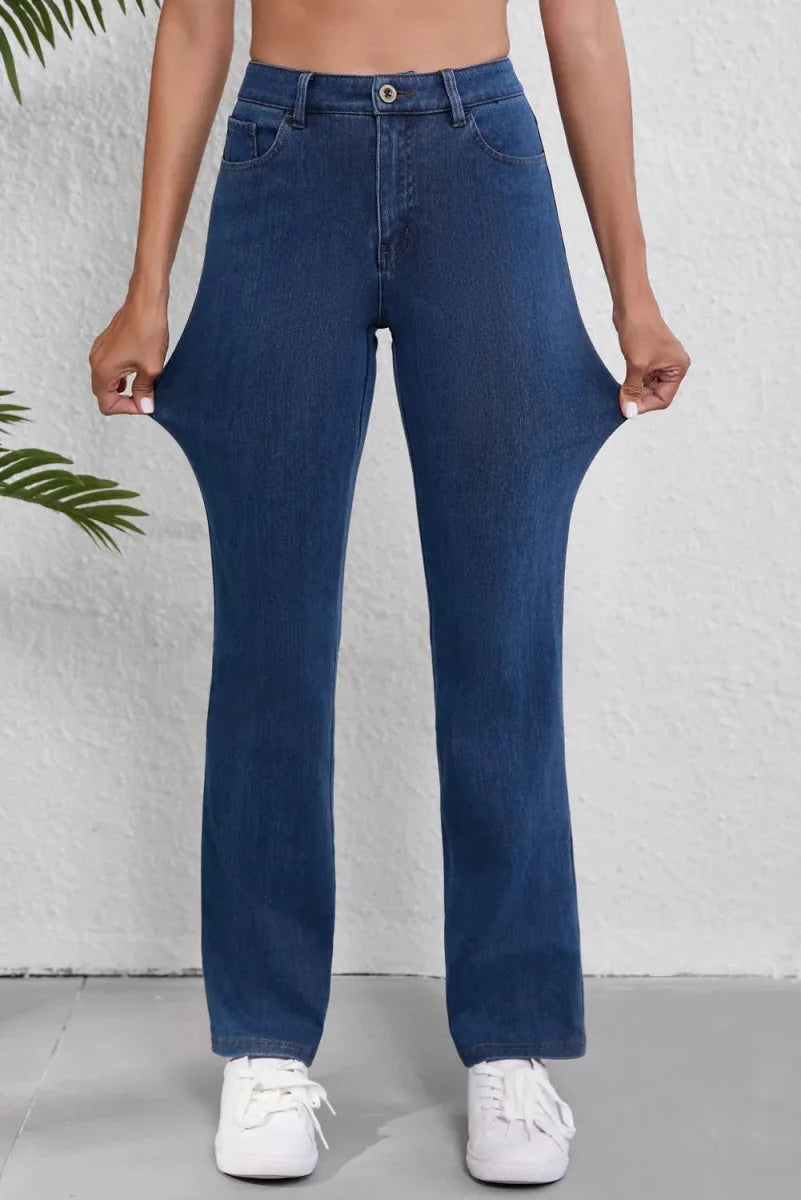Close-up of denim fabric on straight leg jeans