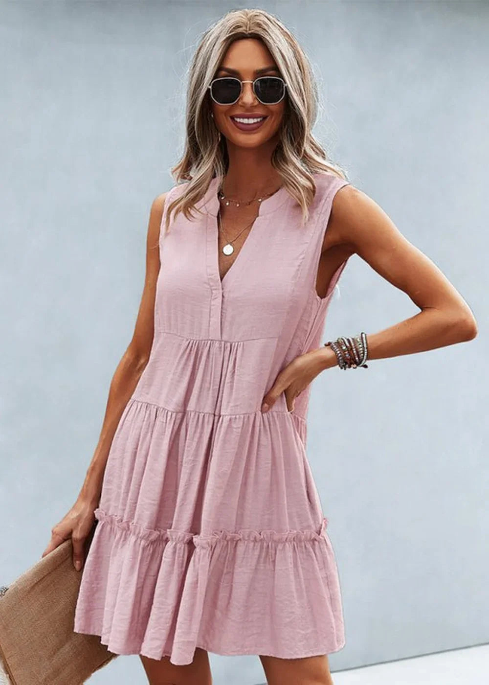 Wine Red V-neck sleeveless dress