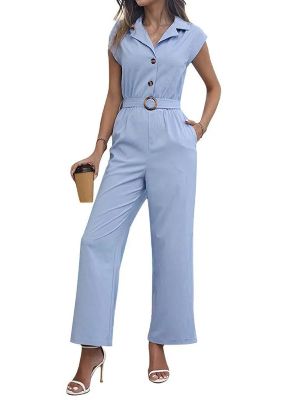 Light blue polyester jumpsuit with collared neckline, button front, belted waist, and wide legs, shown on a model.