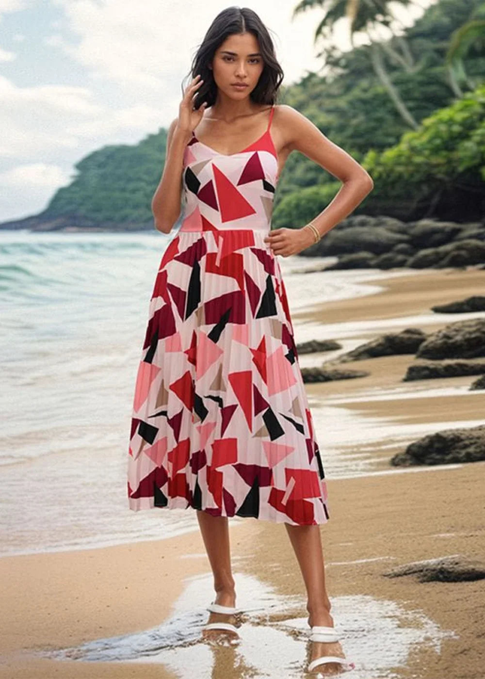 Woman in a flowing geometric print maxi dress with red, pink, and black shapes, standing on a beach.
