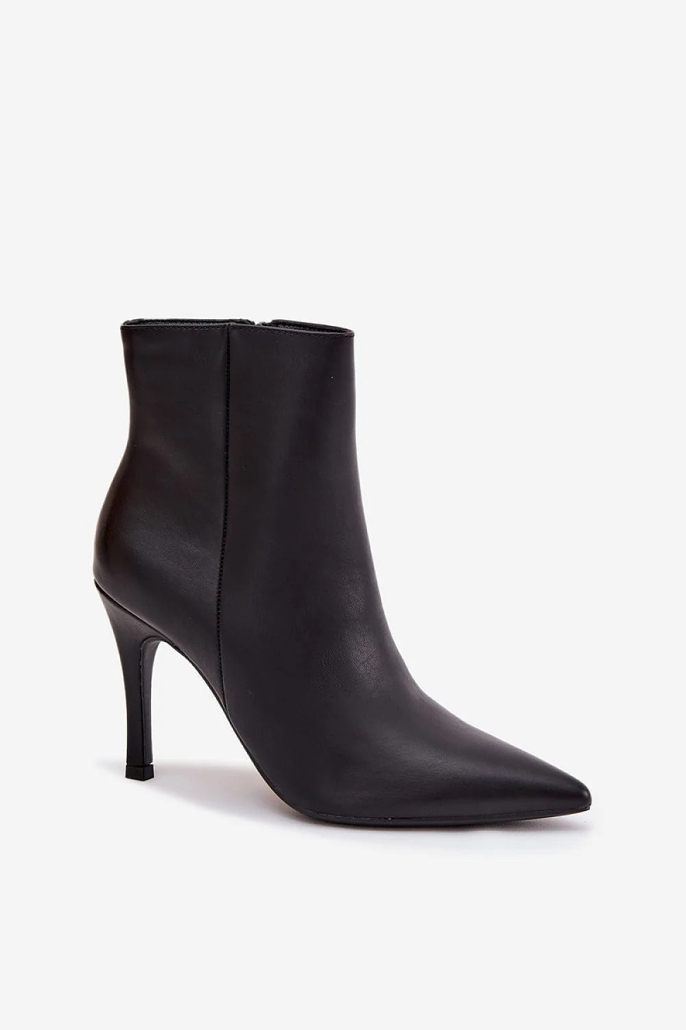 Black pointed-toe ankle boot with stiletto heel and side zipper detail