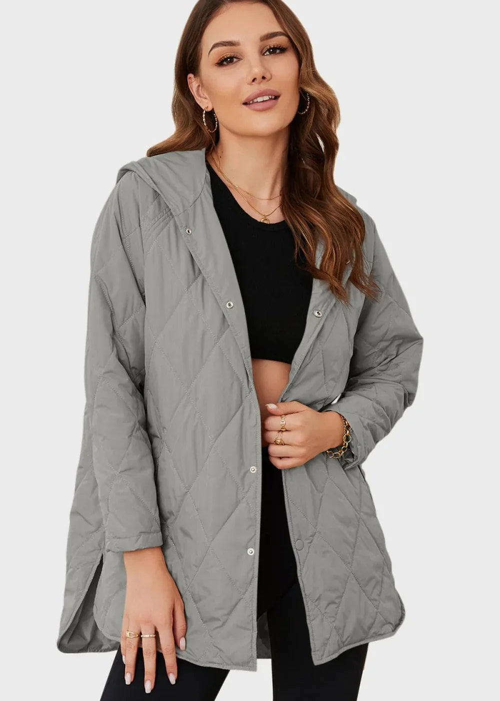 Back view of hooded winter coat with slit detail