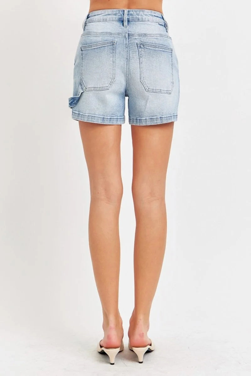 Light wash denim shorts with a slightly stretchy fit, showing the back with two patch pockets and a tool pocket detail.