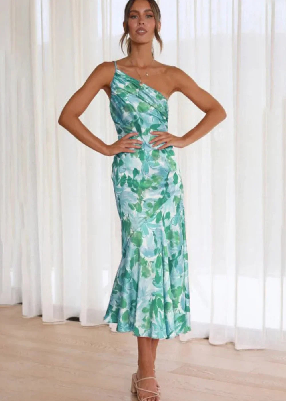 Blue slant neck fishtail print dress
