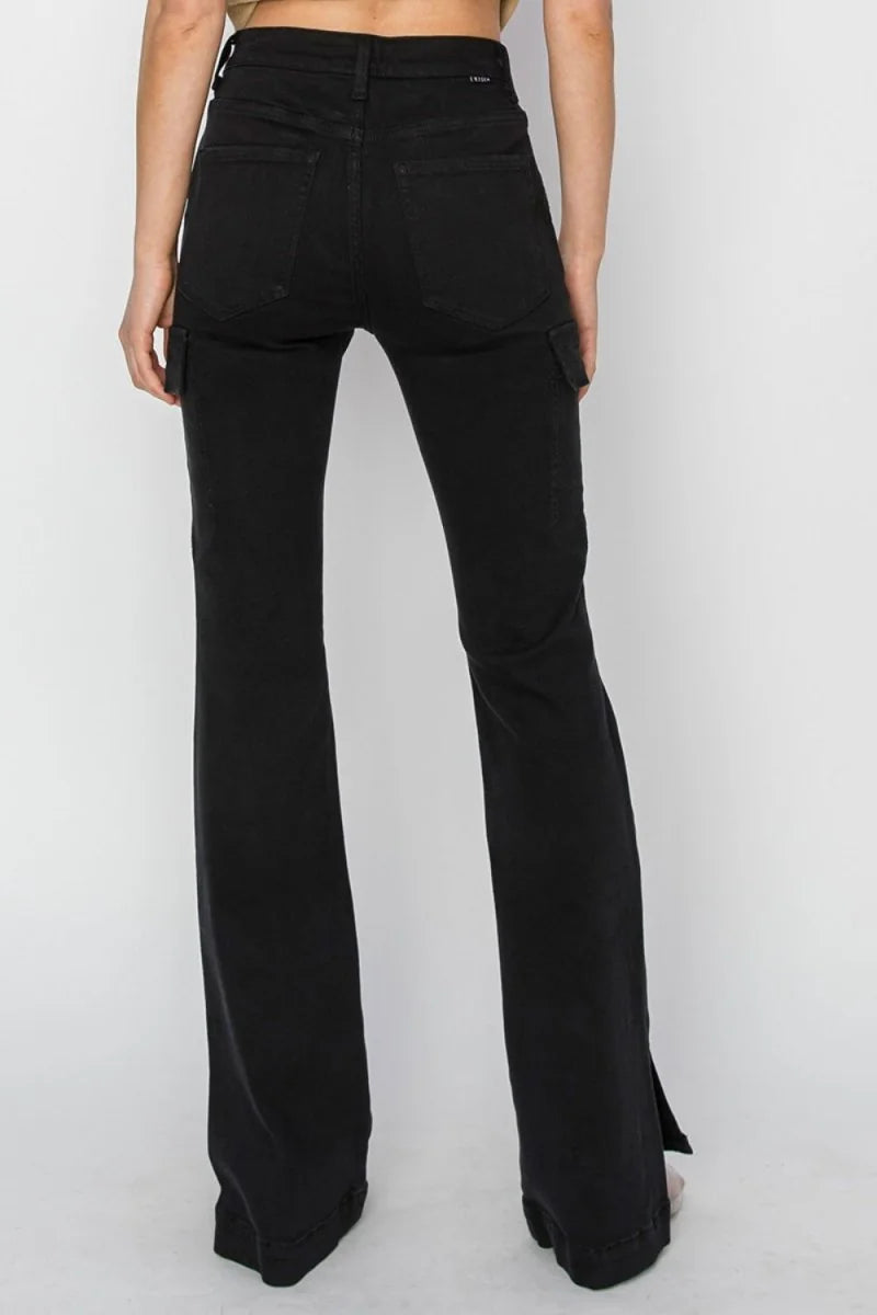Black flared cargo jeans with split hems and a slightly stretchy fit, shown from the back.