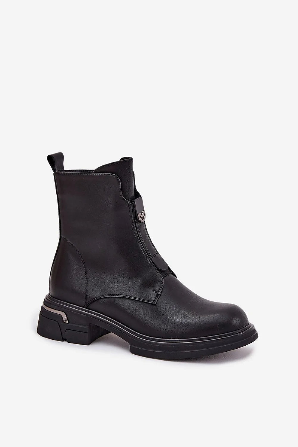 Black leather ankle boot with zip-front detail and silver accent on a chunky sole.