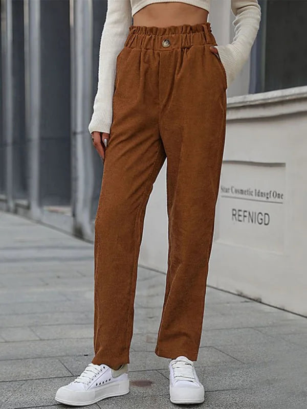 Brown corduroy pants with elastic waist and button detail, worn by a model.