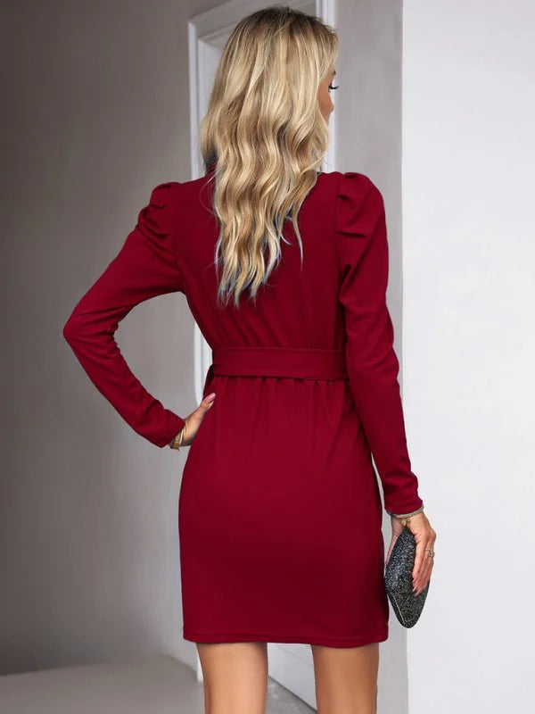 Blue elegant midi dress with waist tie detail