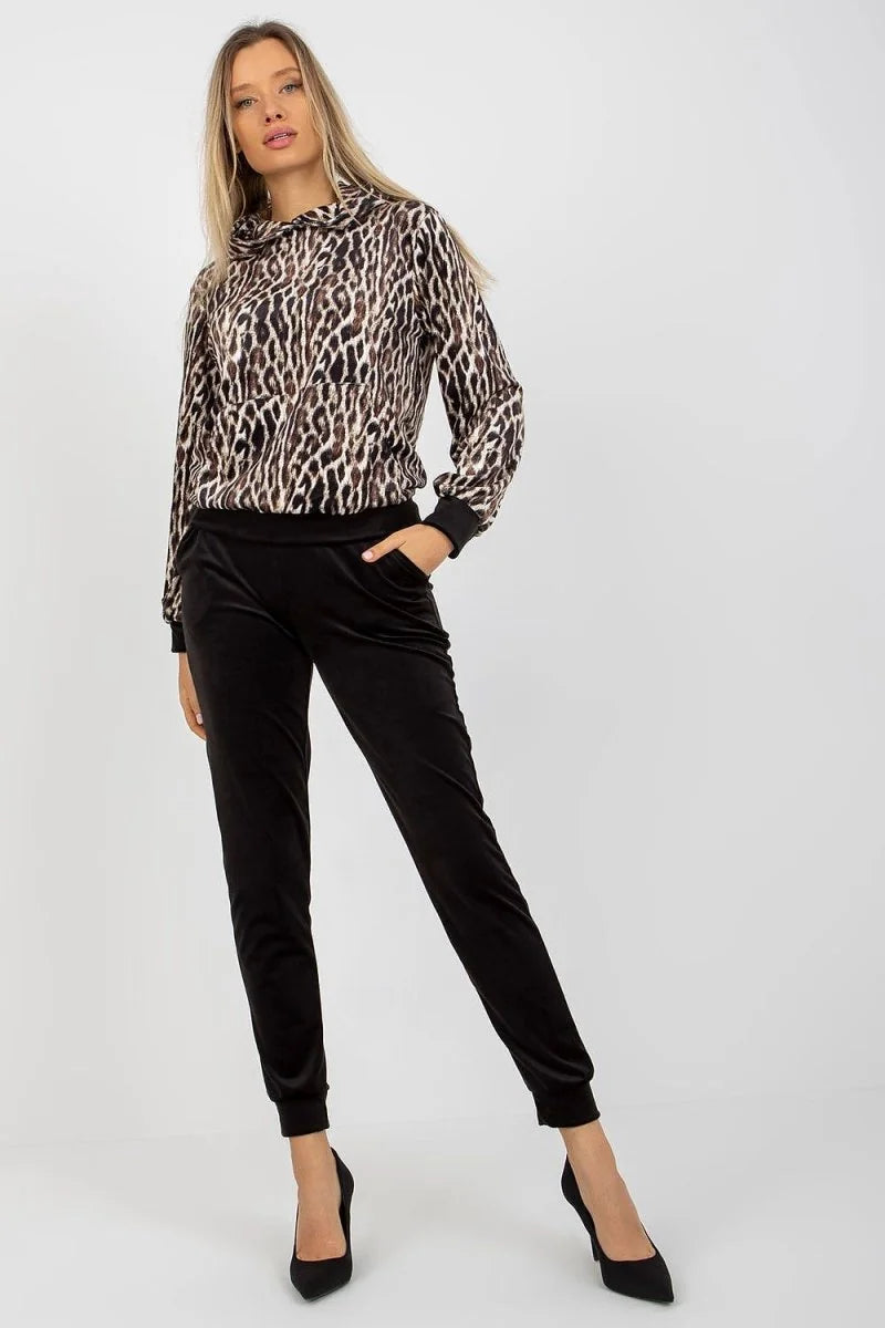 Black velour set with animal print sweatshirt