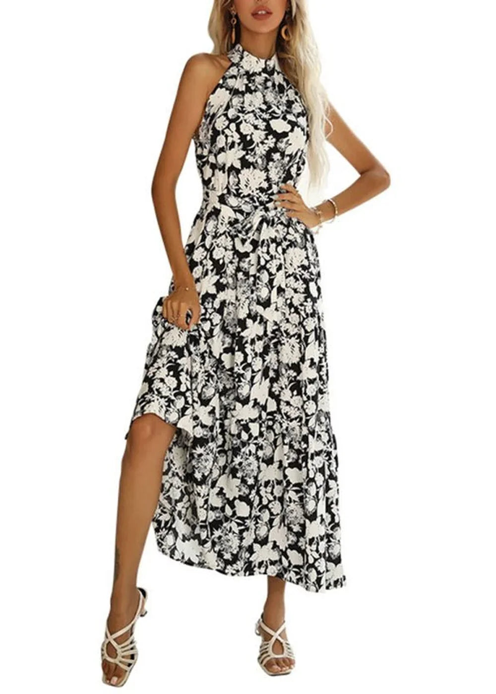 Blue halter neck slit print maxi dress