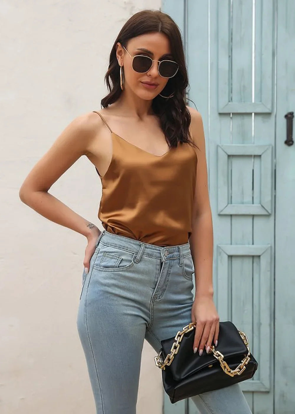 Black Satin V-Neck Sleeveless Vest Top