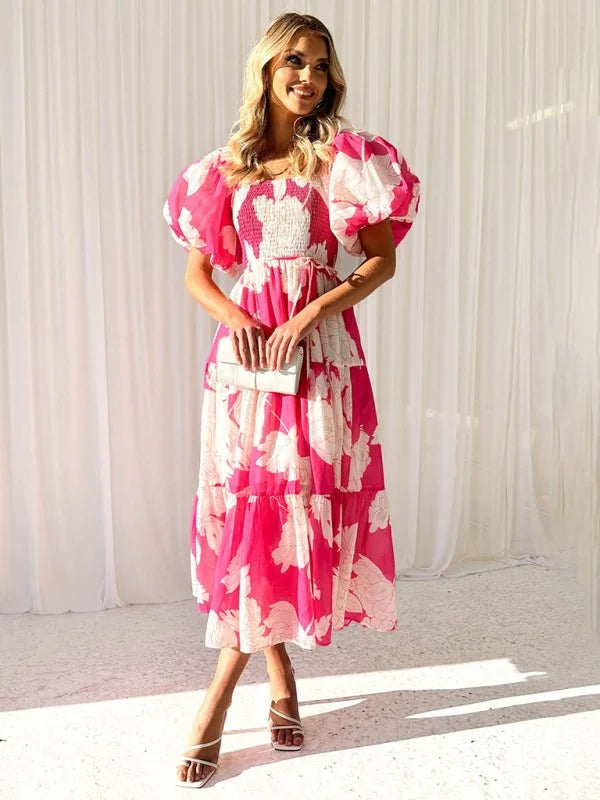 Blue one-shoulder puff sleeve dress