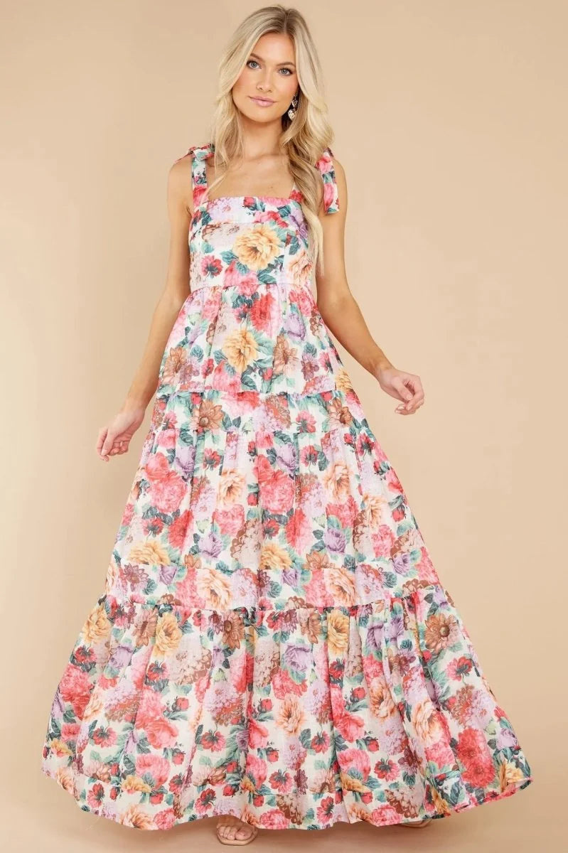 Close-up of floral pattern on maxi dress