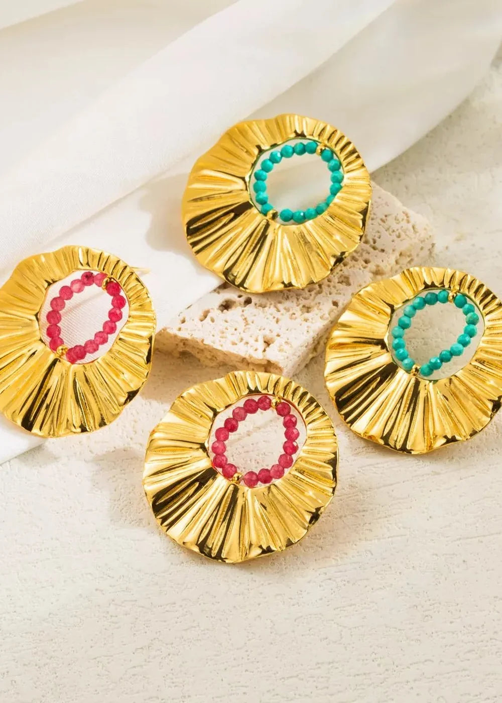 Blue 18K gold-plated bead round earrings