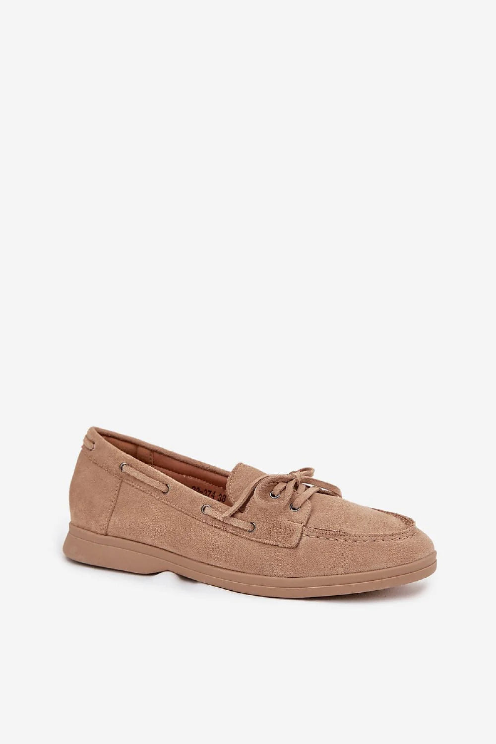 Tan suede boat shoes with lace-up detail and stitched trim.