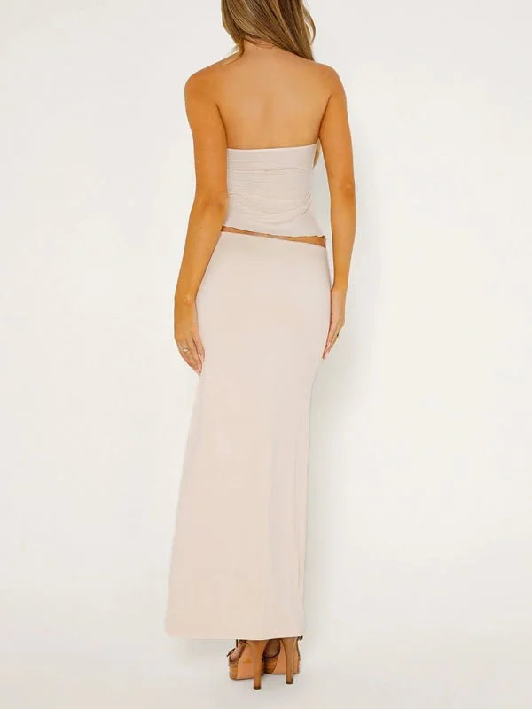 Sky blue azure sleeveless tube top and mesh slit skirt suit