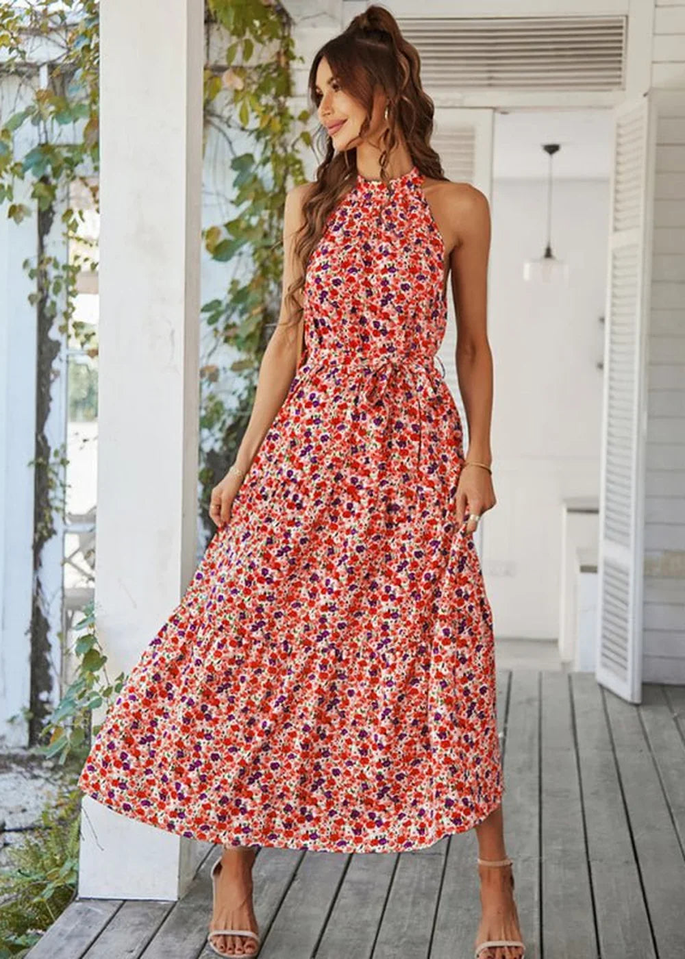 Blue floral print tiered resort dress