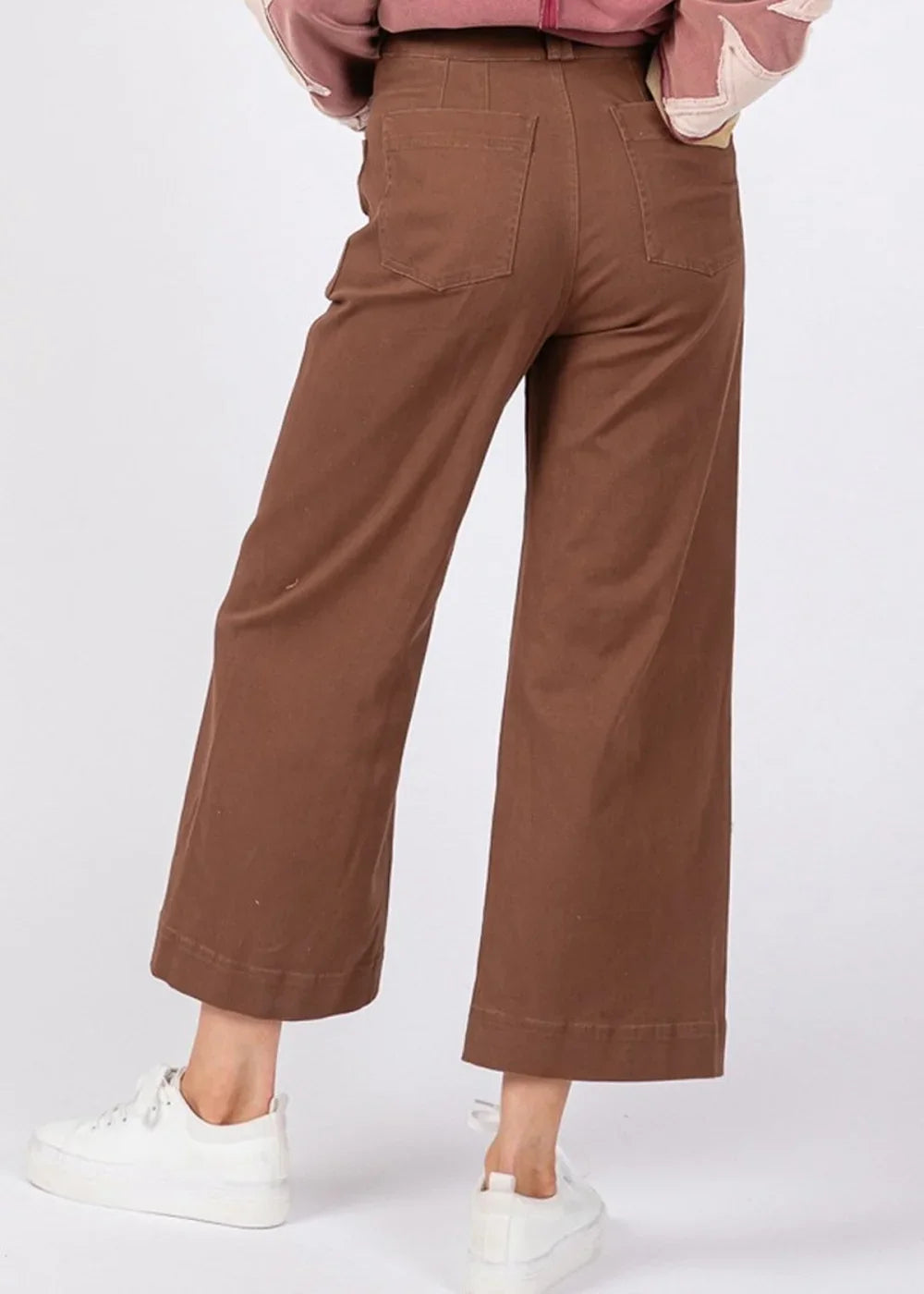 Close-up of mocha wide leg cropped pants fabric