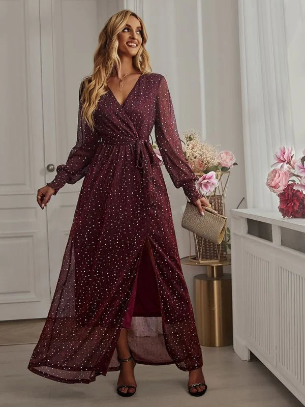 Wine Red V-neck midi dress
