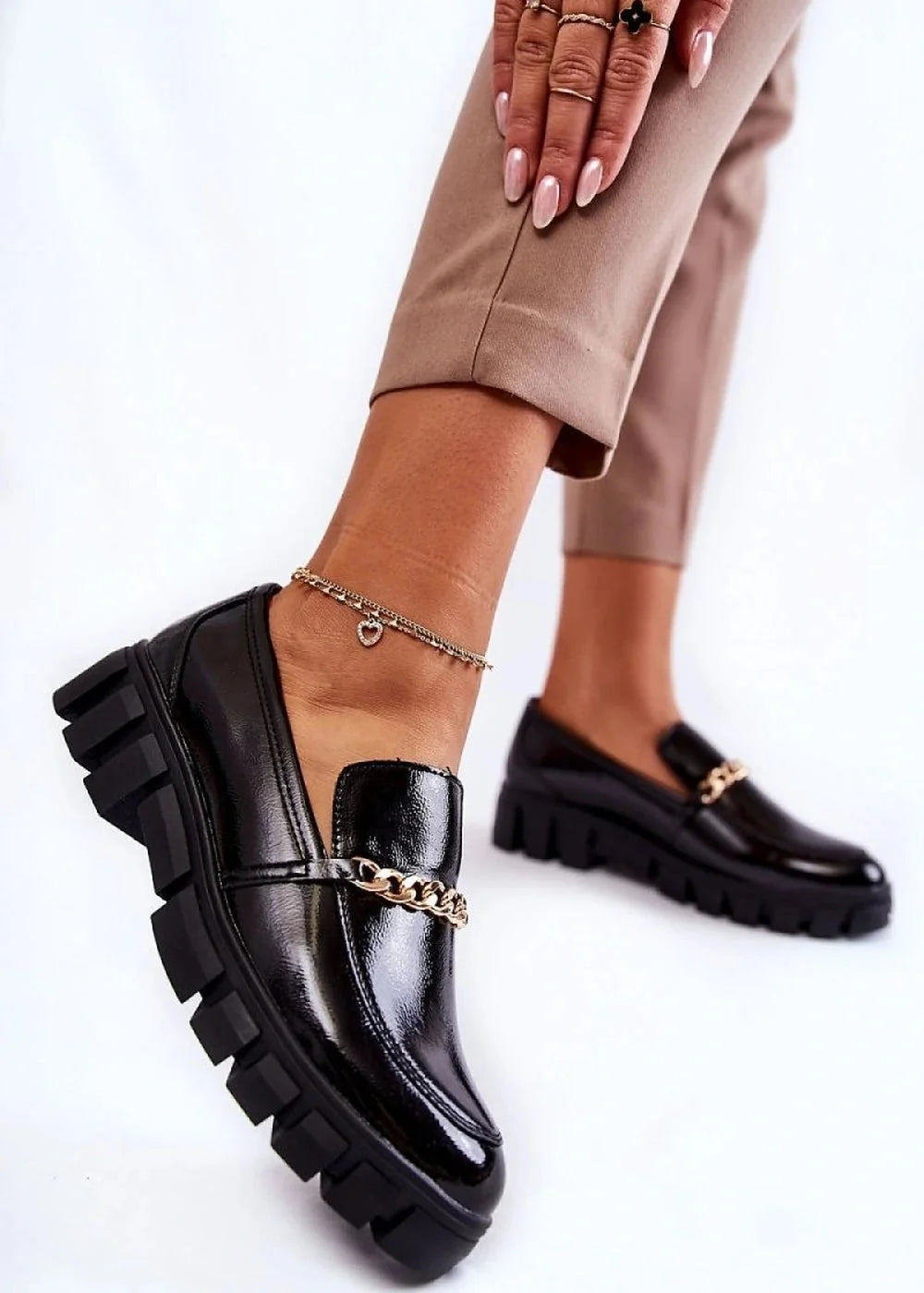 Eco leather loafer flats chain