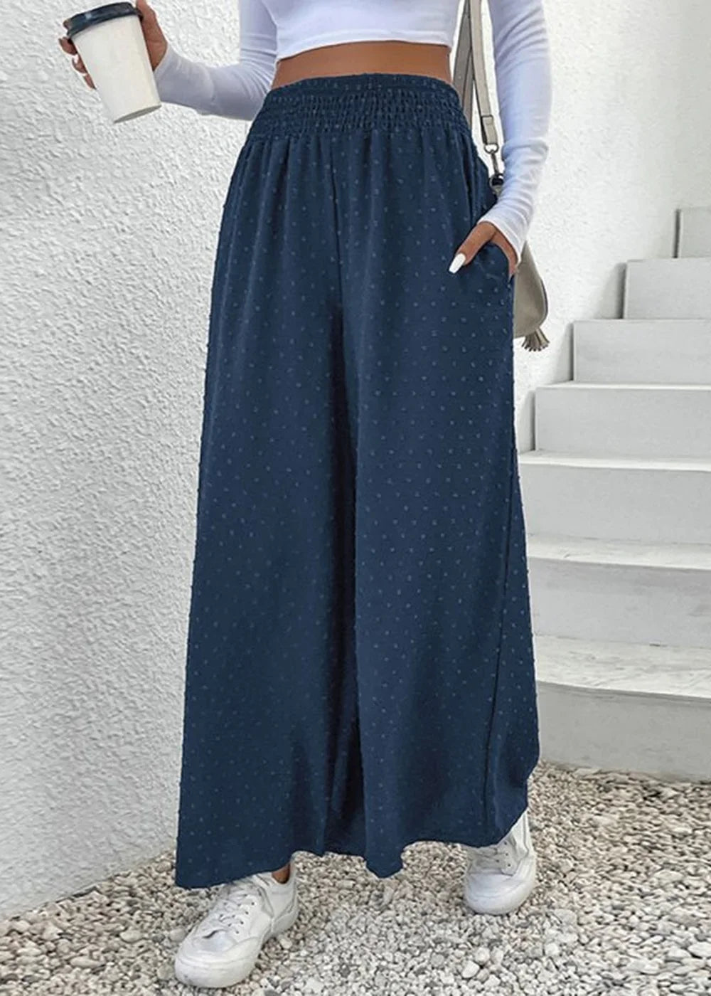 Close-up of fabric texture on wide leg pants
