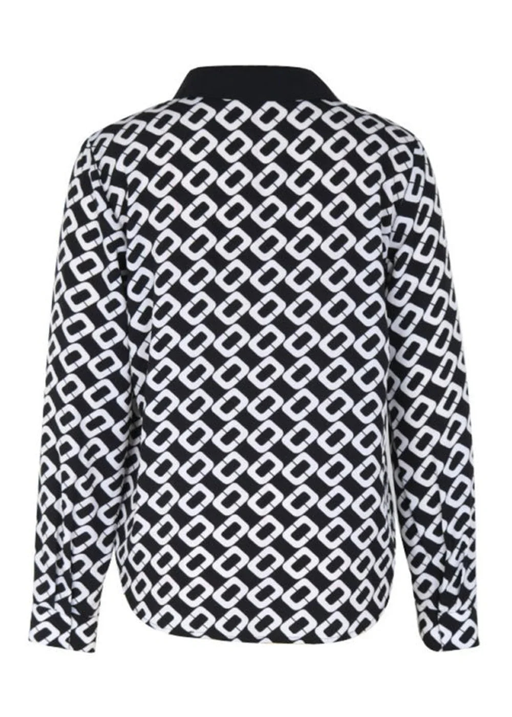 Black and white graphic print long-sleeve top with collar, shown from the back.