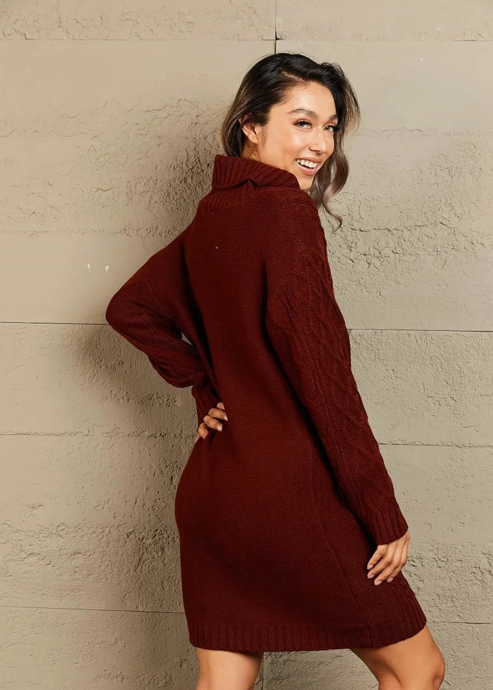 Wine-colored knit sweater dress with a turtleneck and cable knit sleeves, shown from the back on a model.
