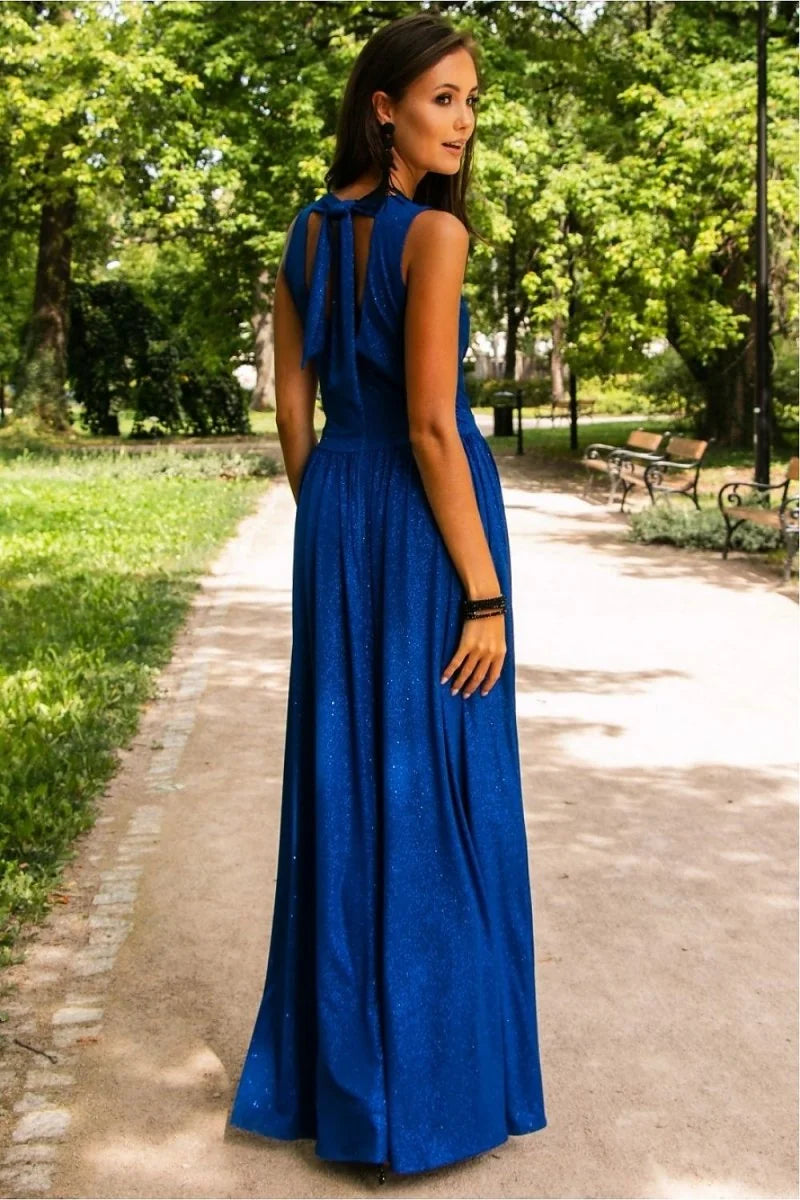 Back view of blue maxi dress with tie detail