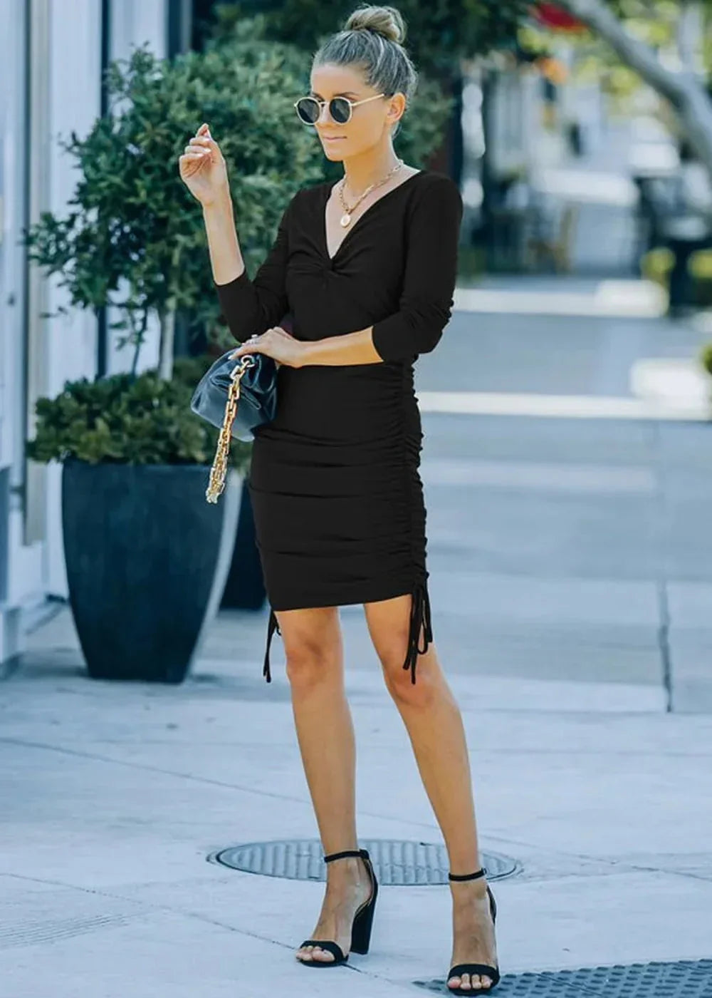 Olive green long sleeve V-neck slim dress