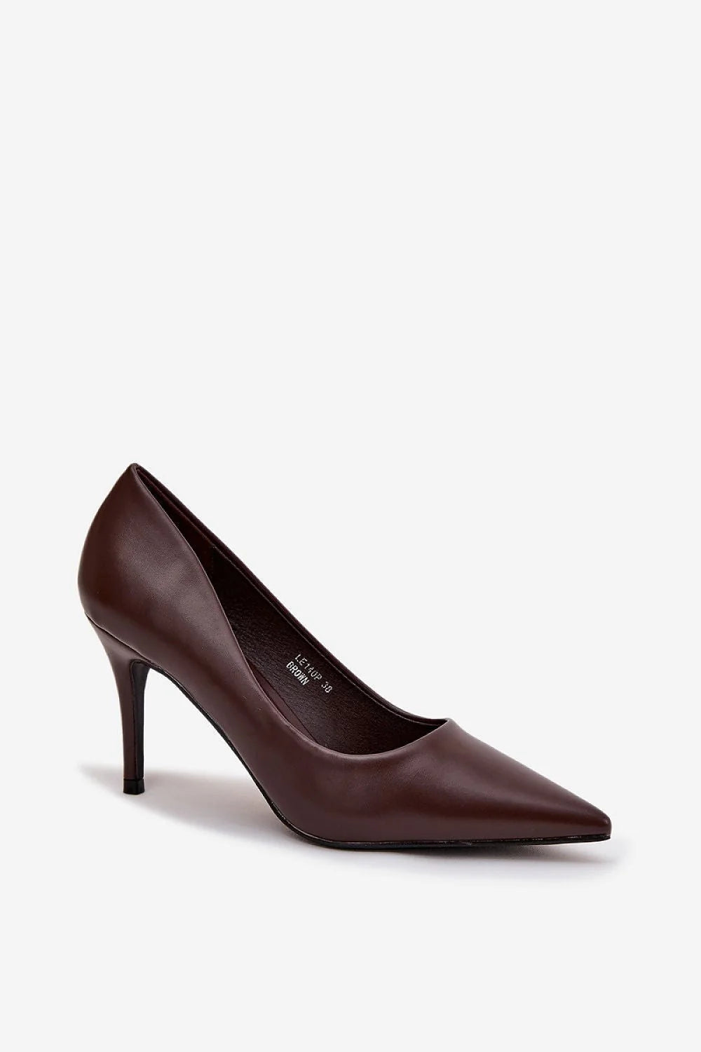 Brown pointed-toe stiletto heel pump with a sleek, minimalist design.