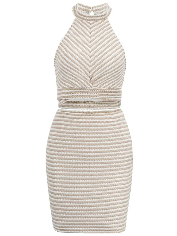 Close-up of the halter neck detail on the crop top