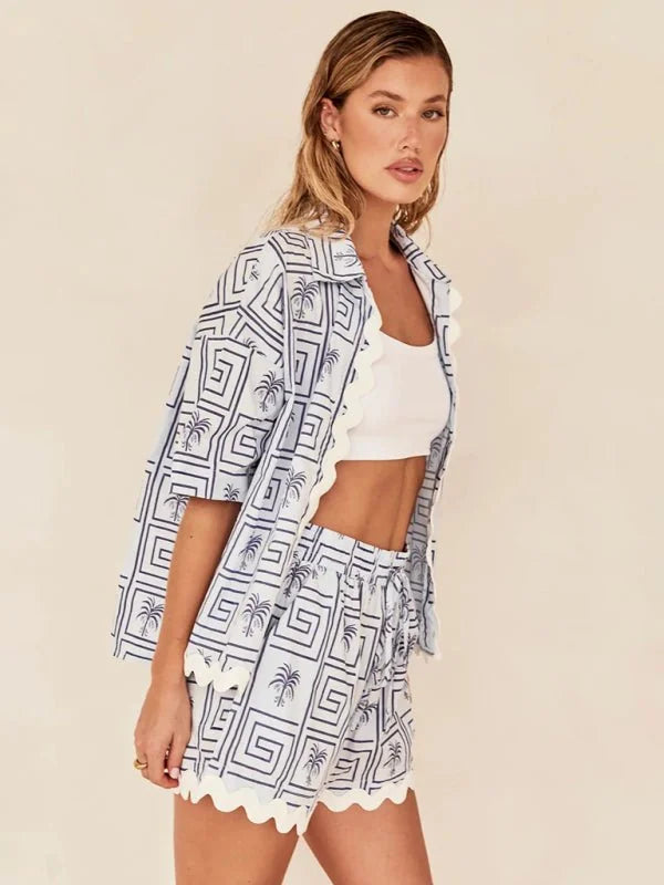 Pastel pink women's wave pattern stitching casual suit