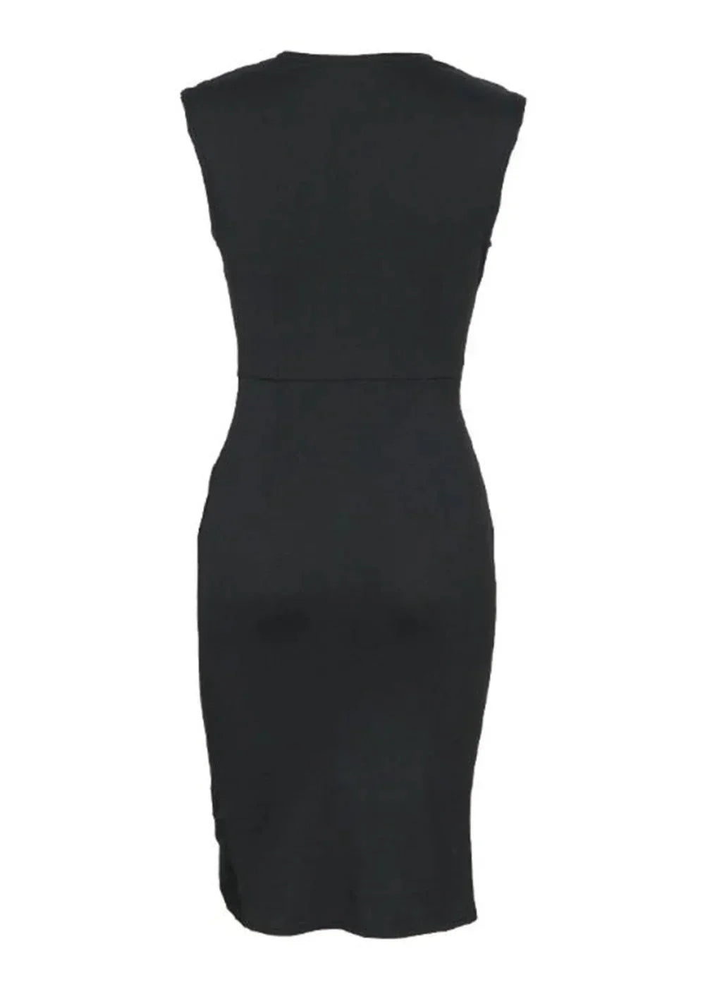 Back view of a slim-fit, sleeveless black day dress made of smooth fabric.