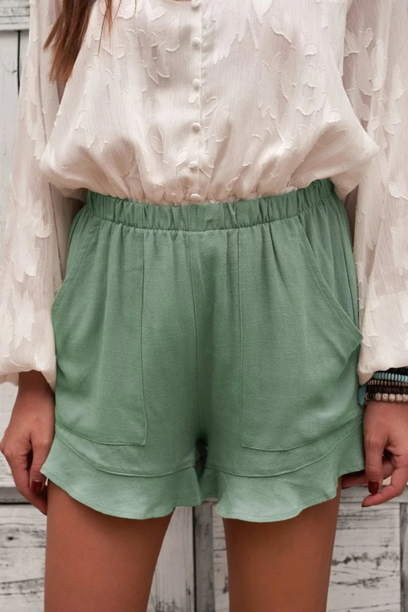 Black elastic waist shorts with pockets