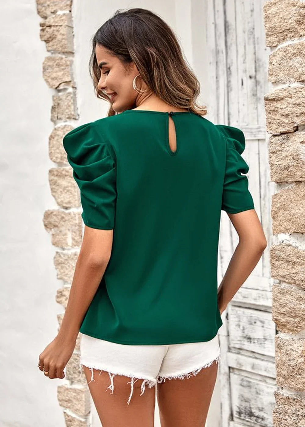 Yellow V-neck puff sleeve slim top
