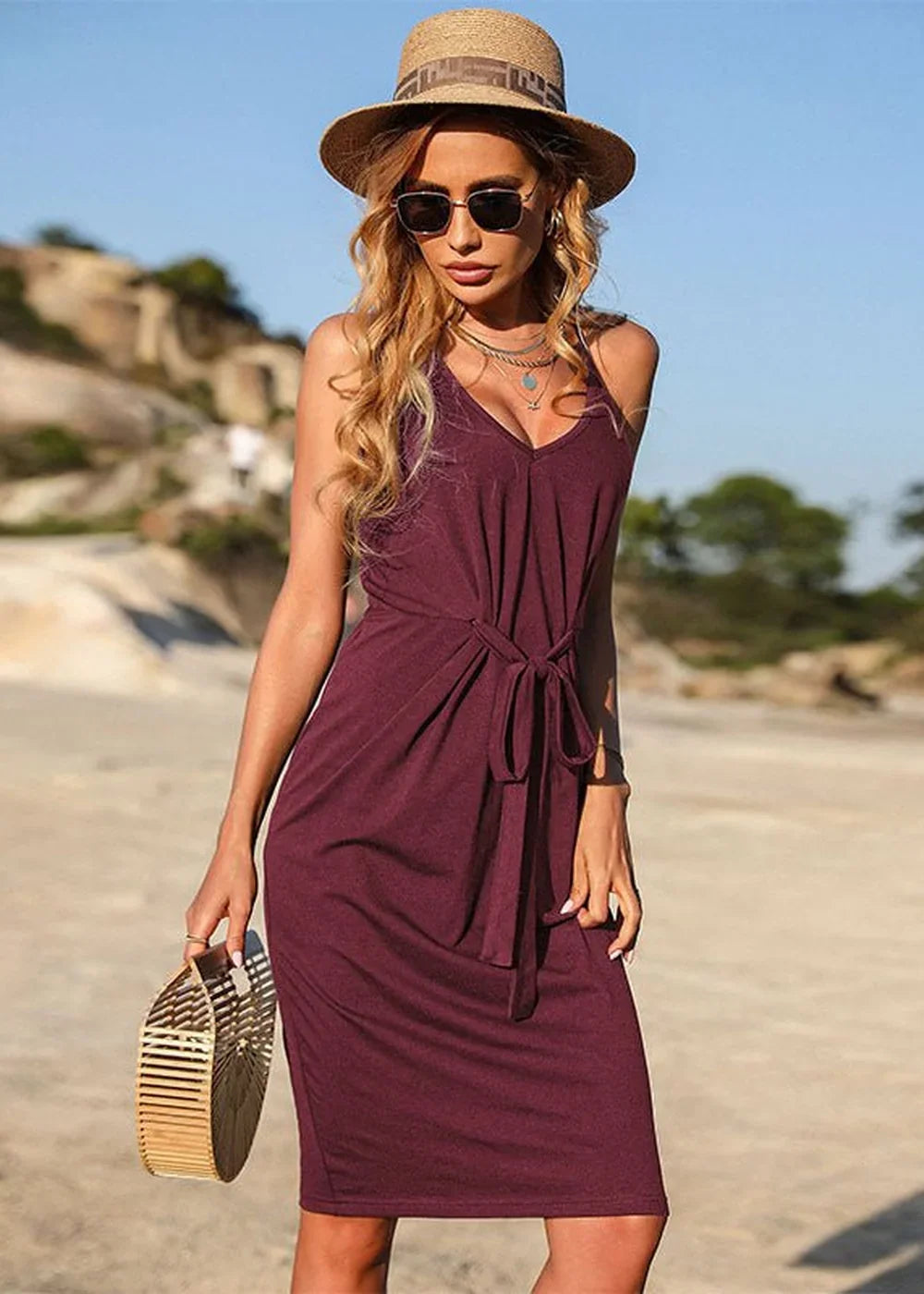 Wine Red sleeveless floral pleated dress