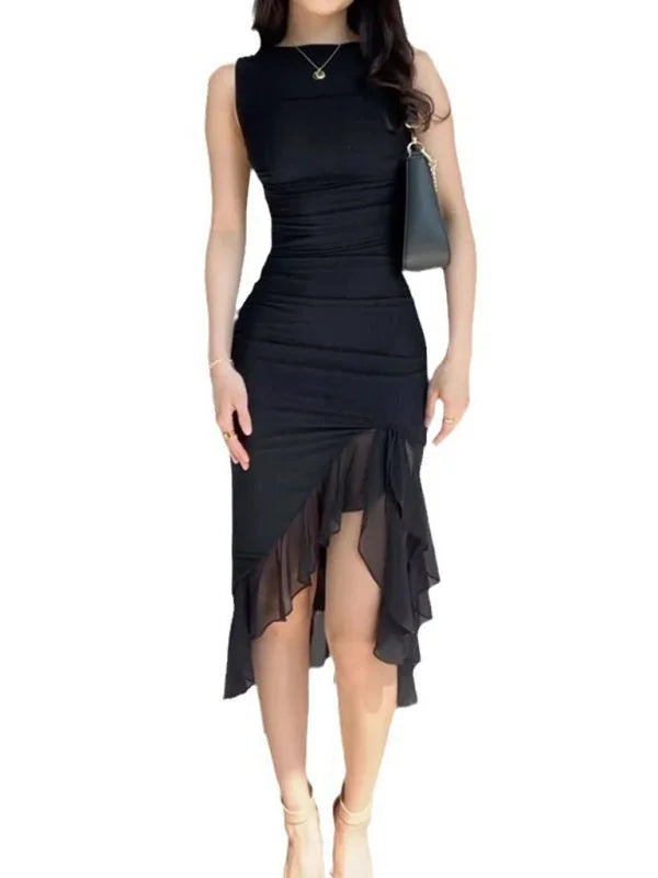 Elegant party dress with pleats and mesh accents