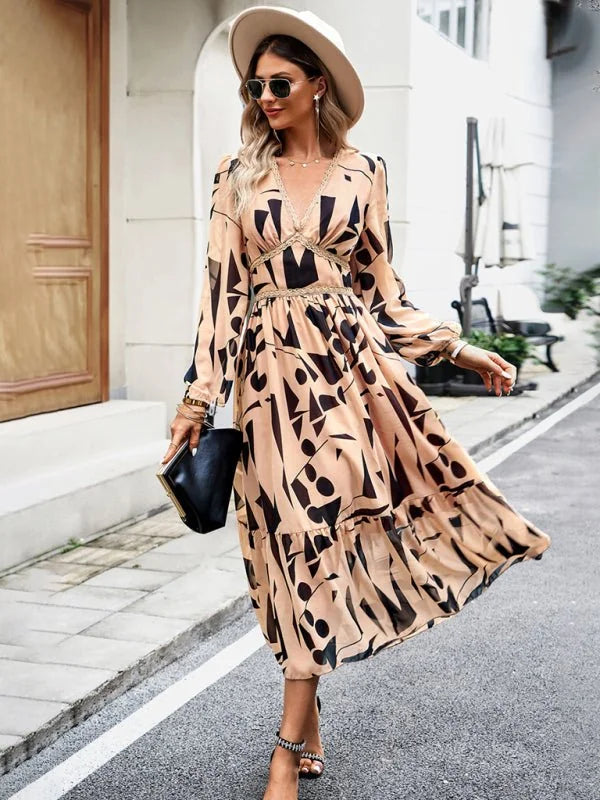 Model wearing a printed V-neck long sleeve casual dress