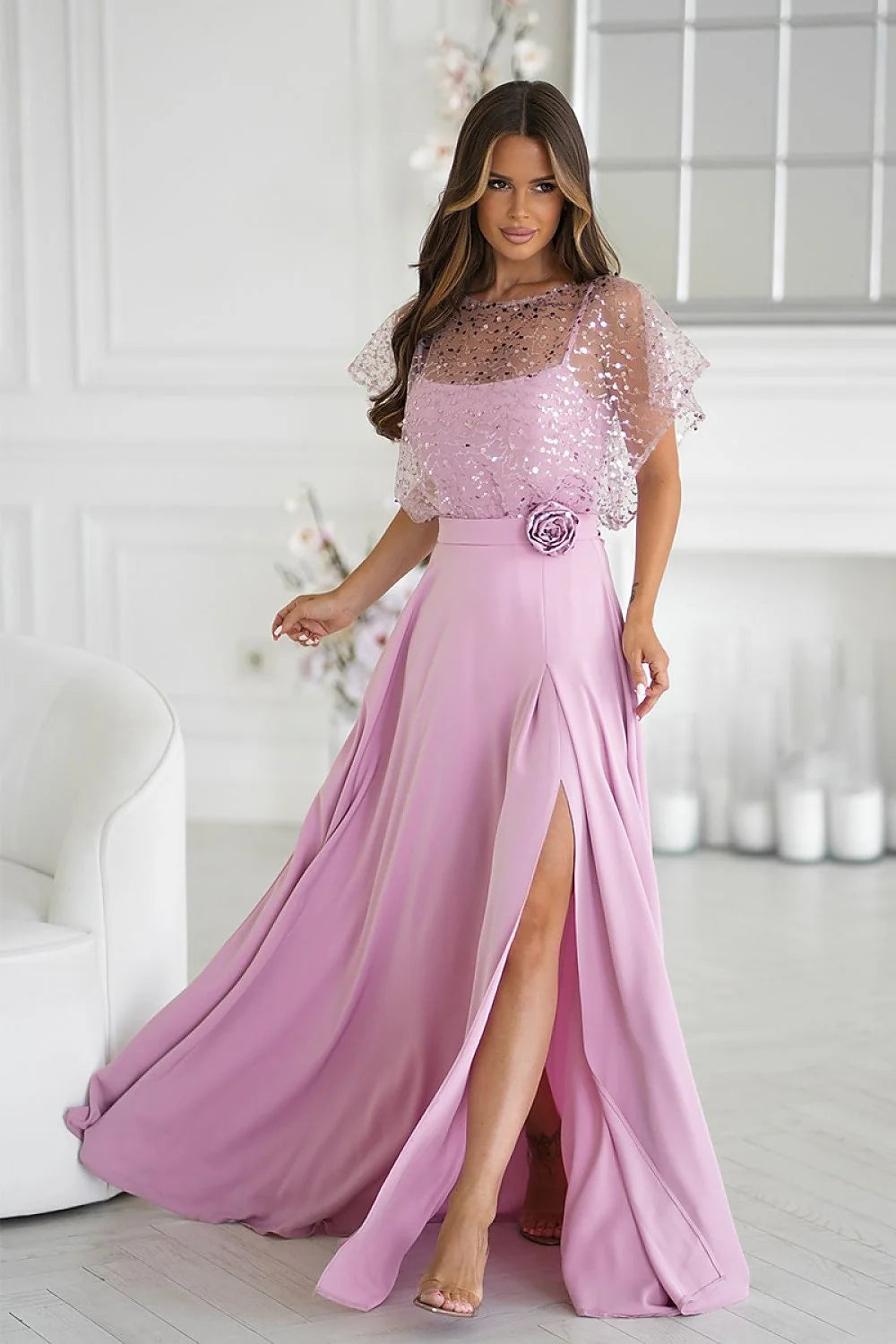 Detail of sequin bolero on pink dress