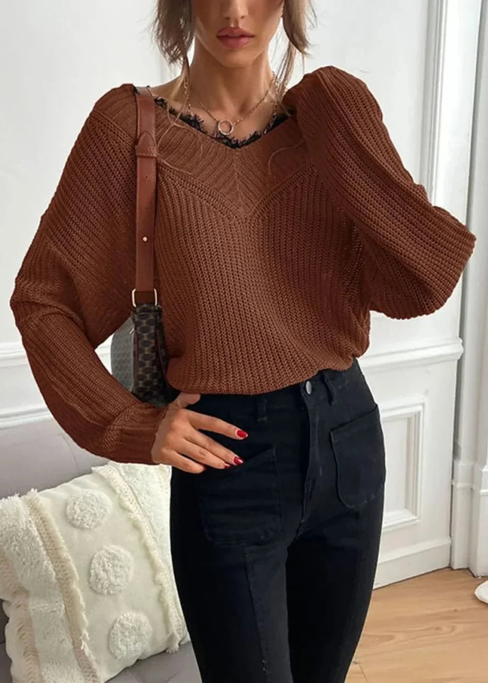 Misty grey women's knit sweater with lace detail